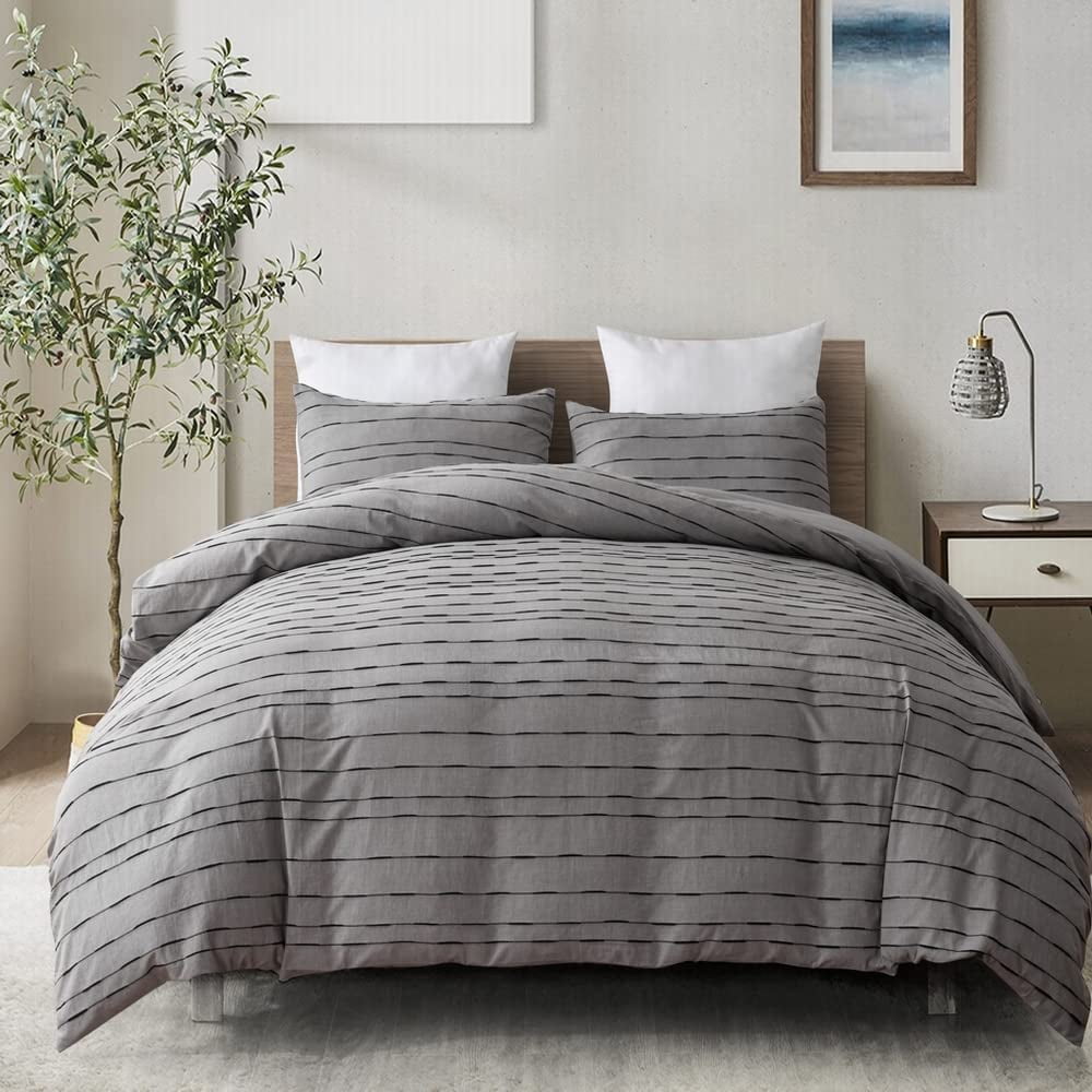 King Grey Cotton Pintuck Duvet Cover Set