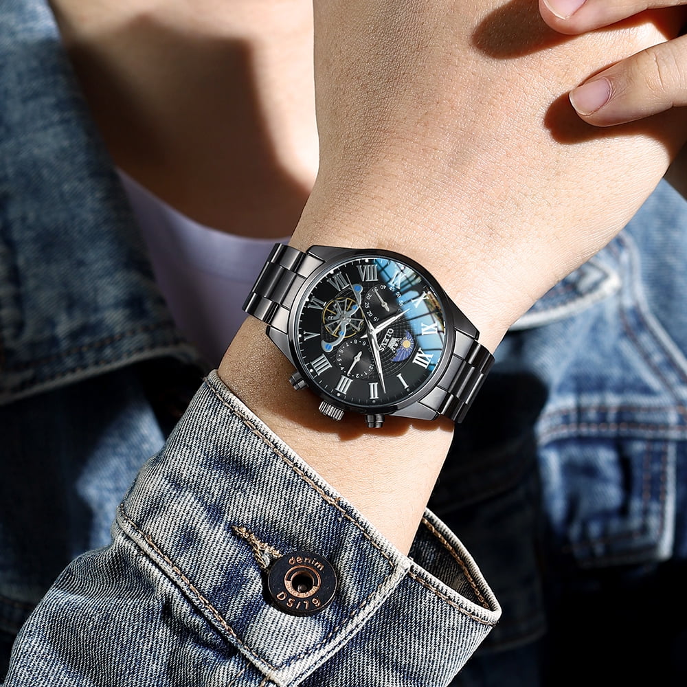 OLEVS Chronograph Watches for Men Waterproof Business Dress Analog Quartz Luxury Moon Phase Stainless Steel Roman Numeral Luminous Casual Mens Wrist Watches Reloj Para Hombre