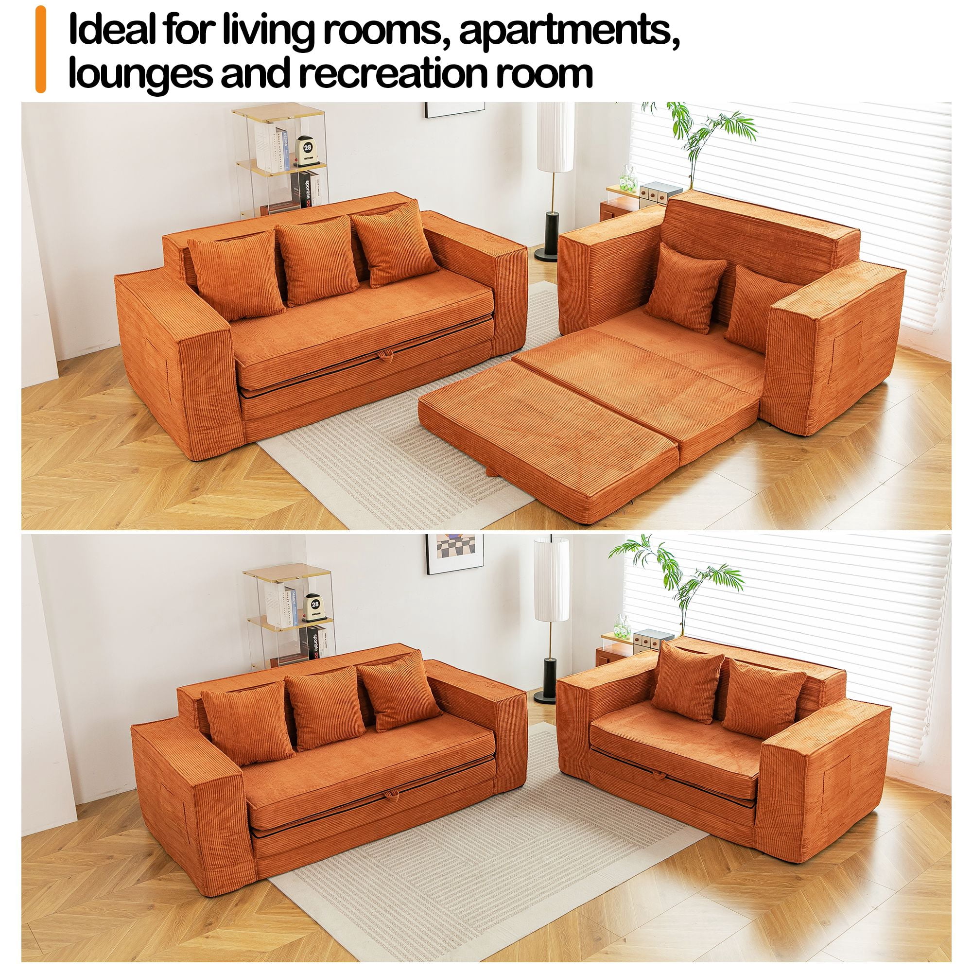 Vicluke Convertible Memory Foam 3-seat Sofa & Loveseat, Pull Out Sleeper Sofa Bed, 2 in 1 Folding Couch Bed, Fold Out Floor Couch Corduroy Fabric with Pillows for Living Room Bedroom Lounge(Tan)
