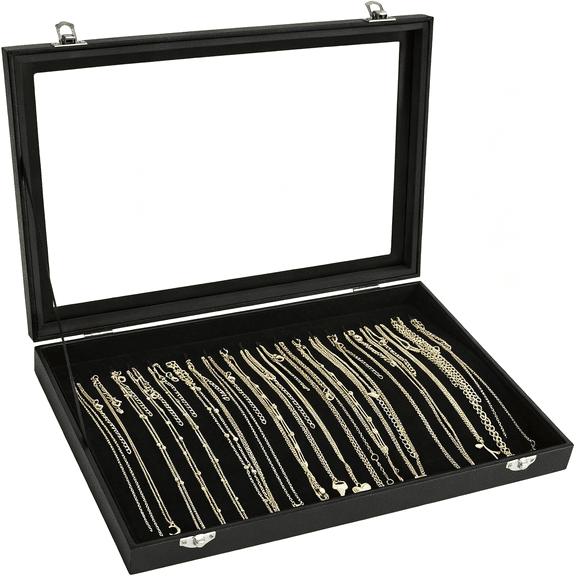 DESIGNICE Necklace Organizer Box with Clear Lid Velvet Tray for Jewelry Storage Display Case, 20 Hooks Glass Top Drawer Insert Necklaces Pendants Dustproof (Black)