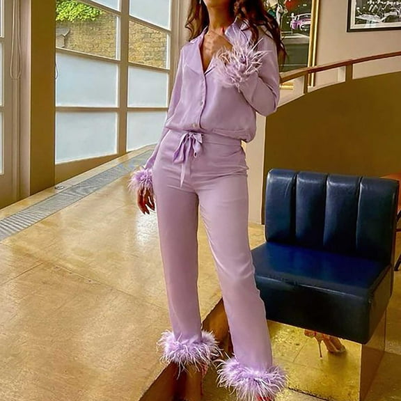 Munlar Robes For Women,Christmas Loungewear For Family,Women Sexy Casual Turn Down Neck Solid Feather Full Sleeve Button Pants Suit Homewear Pajamas