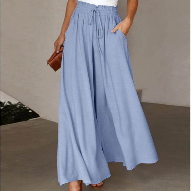 Pantalones de verano de pierna ancha para mujer, cinturón elástico, pierna ancha, cintura alta, culottes largos para mujer