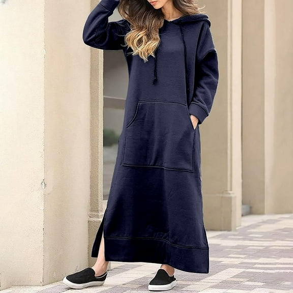 Homenesgenics Summer Dresses for Women under $10 Women's Fashion Round Neck Winter Warm Color Long Sleeve Pocket Long Dress Blue XXXL