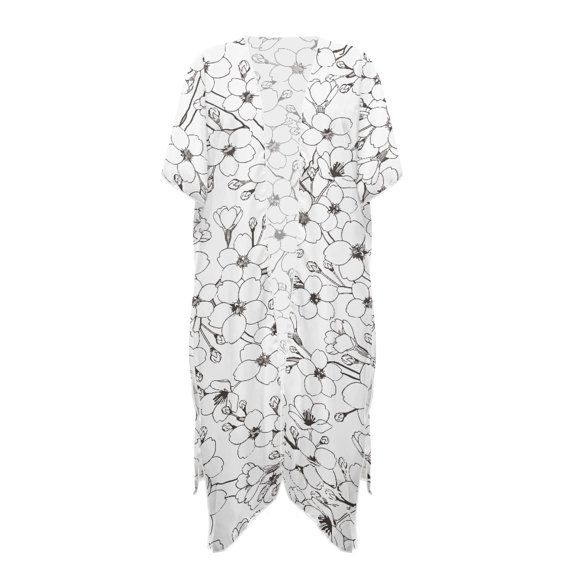 HELLHERO Black and White Floral Pattern Long Kimono Swimsuit Cover Up Casual High Quality Fabrics Loose Bathing Suit Cover Up
