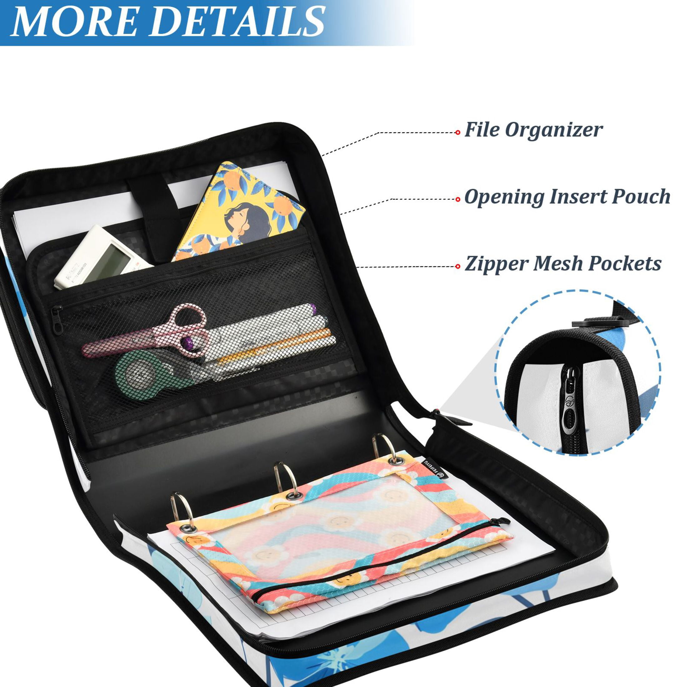 ALAZA Zipper Binder Blue Flowers 3 Ring Trapper Keeper File Folder Organizer Bag