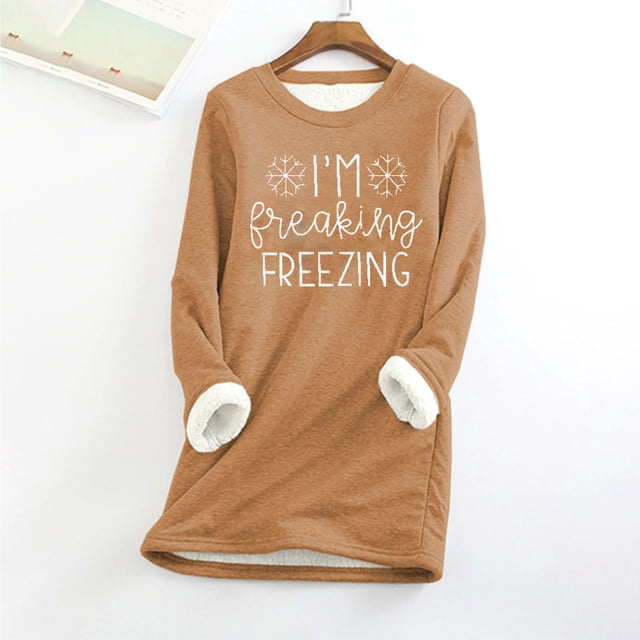 Aboser Chandail en Molleton Sherpa "I'm Freaking Freezing" pour Femmes, Doublé en Polaire, Vêtements de Détente, Mode Hiver 2024, Chandail Décontracté, Col Rond, Chemises en Peluche Épaisses, Tunique à Manches Longues