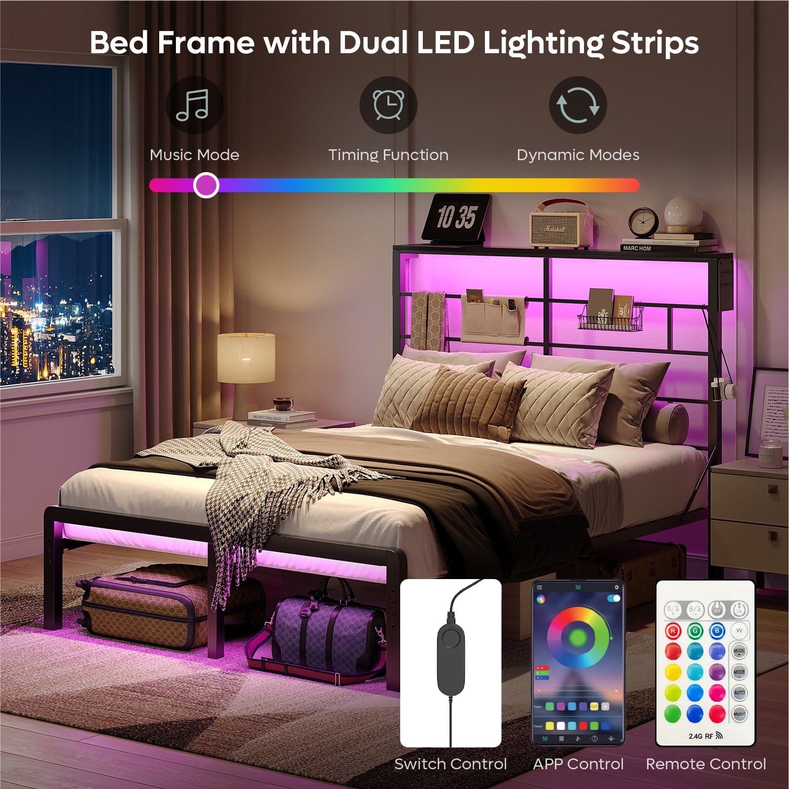 Bestier Queen Size Bed Frame with LED Headboard & Charging Station, Metal Platform Bed with 15.7'' Large Under Bed Storage, Black