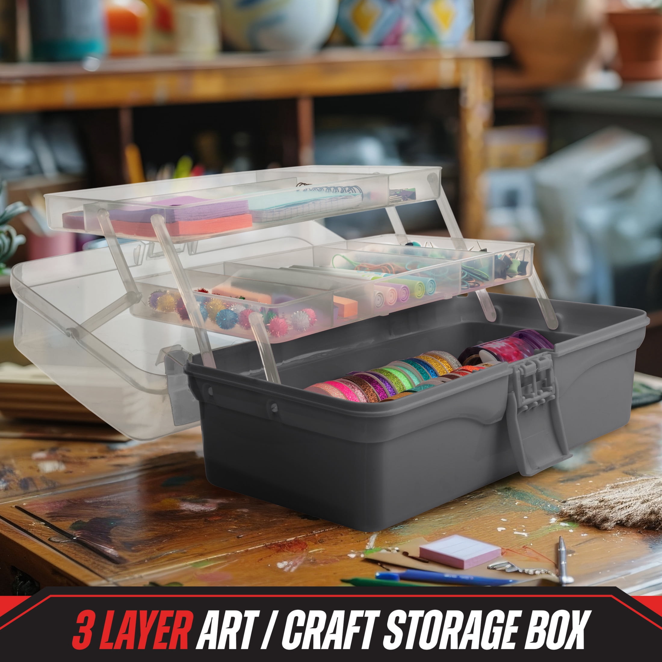 Stalwart 14” Plastic Tackle Box Organizer - 3-Layer Portable Craft Storage Art Caddy, Gray