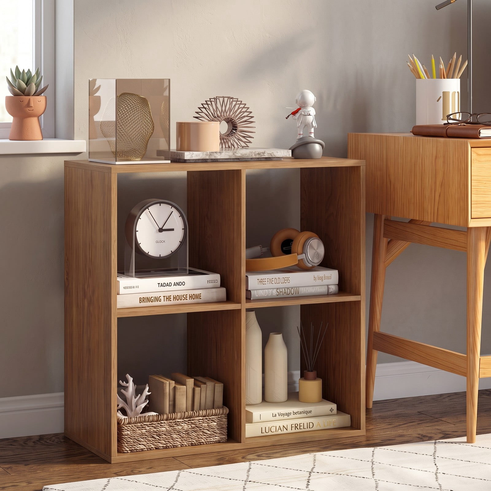 Furnibear 4 Cube Bookshelf, Wood Cube Storage Organizer Bookcase with Back Guardrail and Anti-Tip Kit for Living Room Bedroom Home Office, Natural