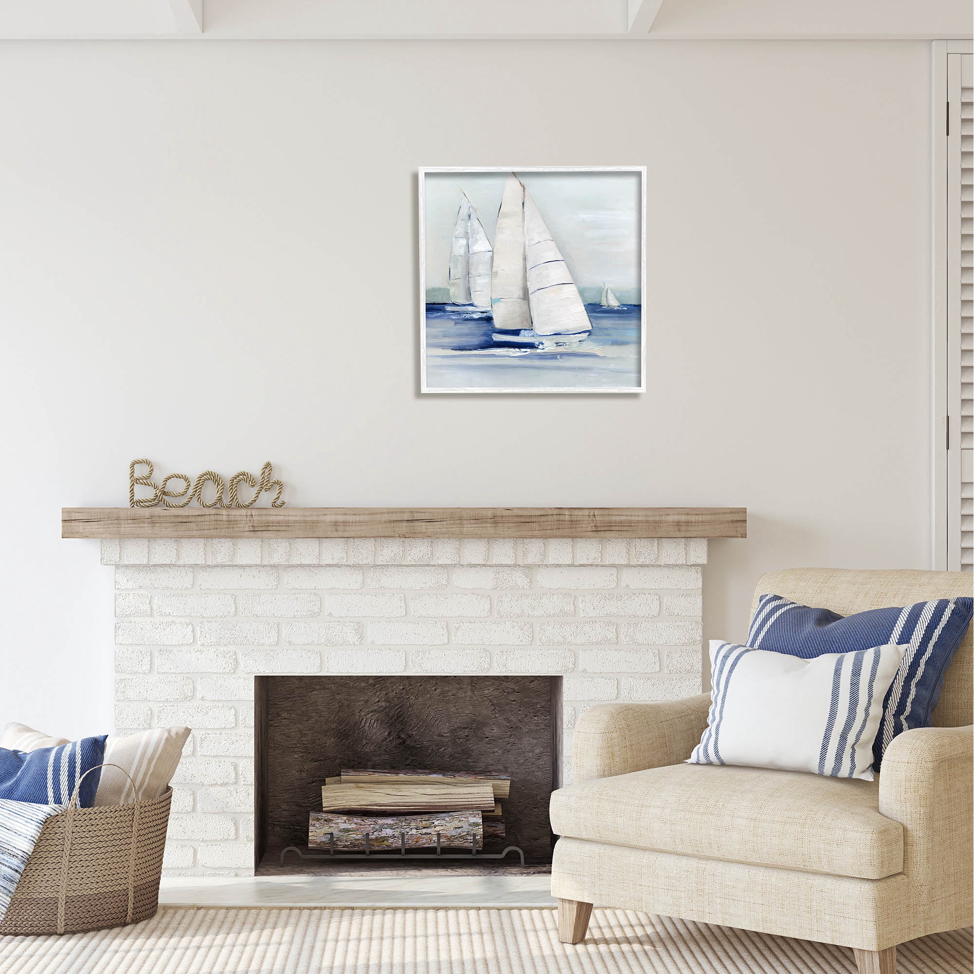 Stupell Industries Nautical Boats Sailing Sea Waves Coastal Painting White Framed Art Print Wall Art