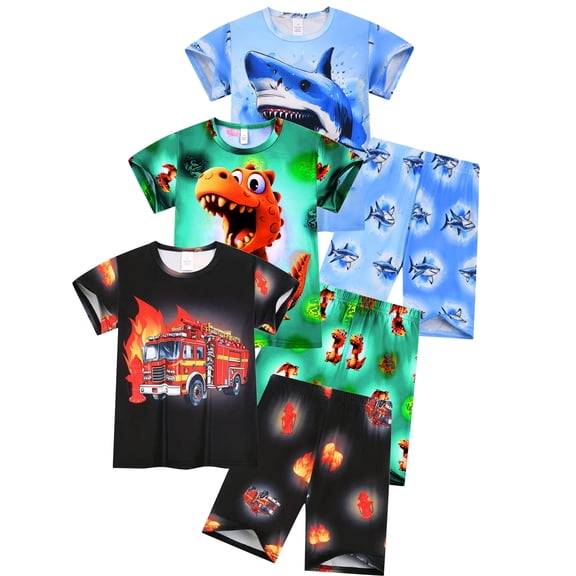 QEFJNO 3-12Y Kids Boys Pajamas Set 2 PCS Short Sleeve Top and Shorts Pants for Toddler Boys Fire Truck Pjs Summer