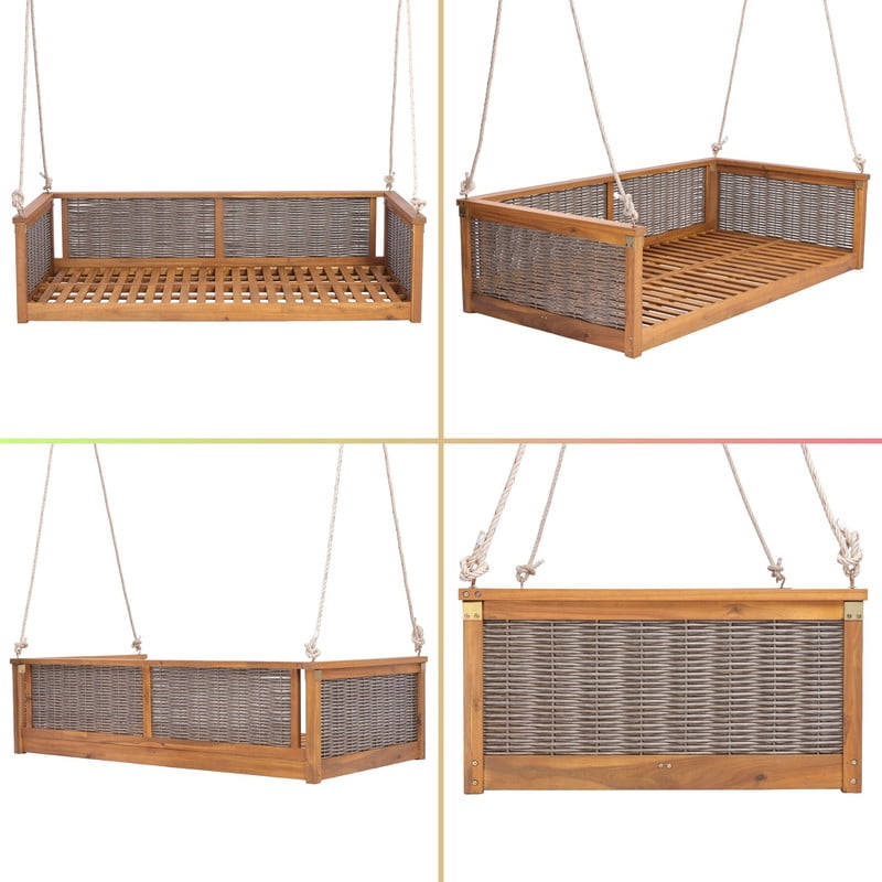 Outdoor Acacia Wood Twin Size 2-Seat Porch Swing Bench, Rattan Hanging Swing Chair Bed with Ropes for Patio, Garden, Backyard