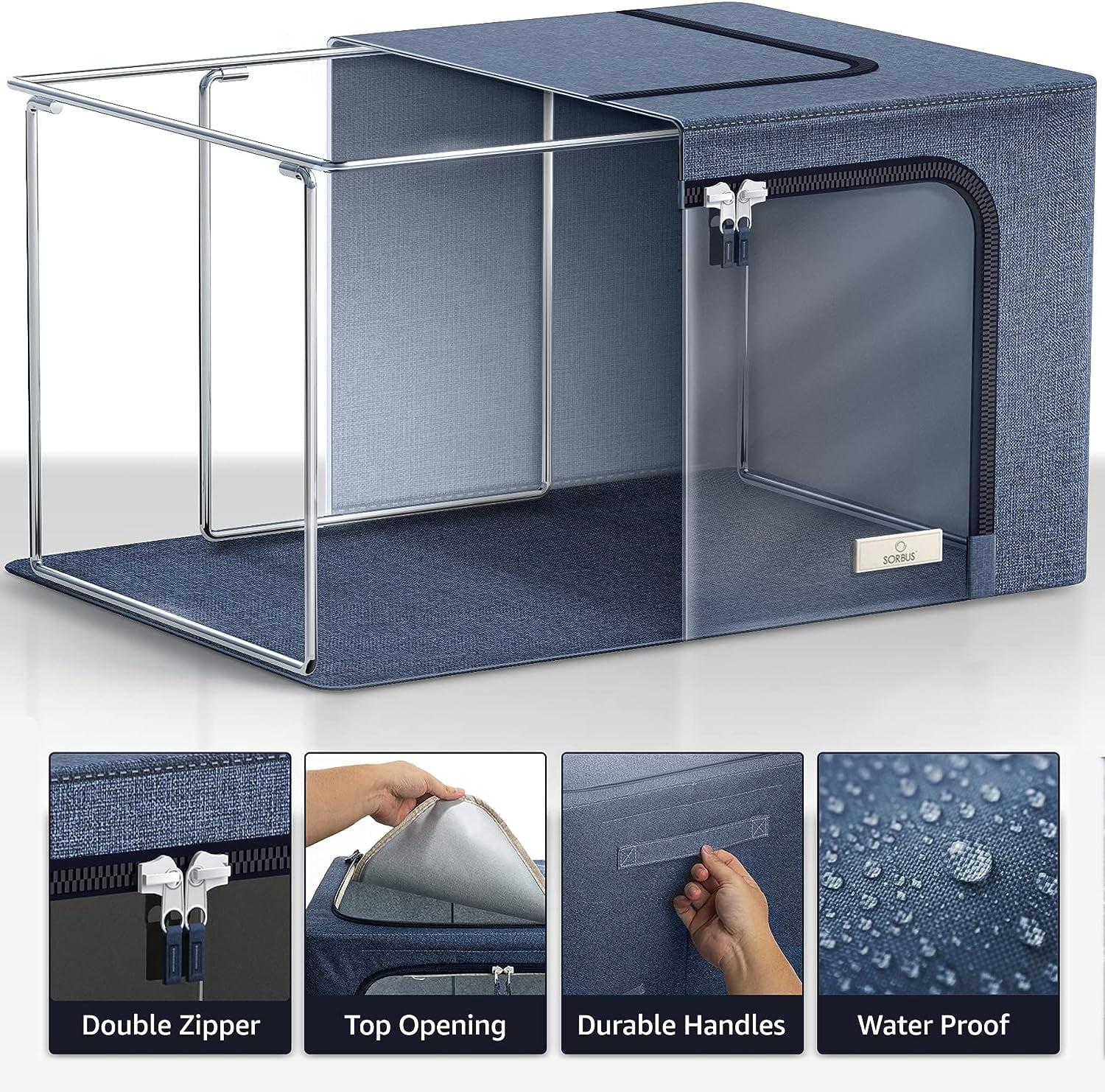 Sorbus Large Foldable Storage Bin with Metal Frame – Stackable Organizer with Handles, Blue