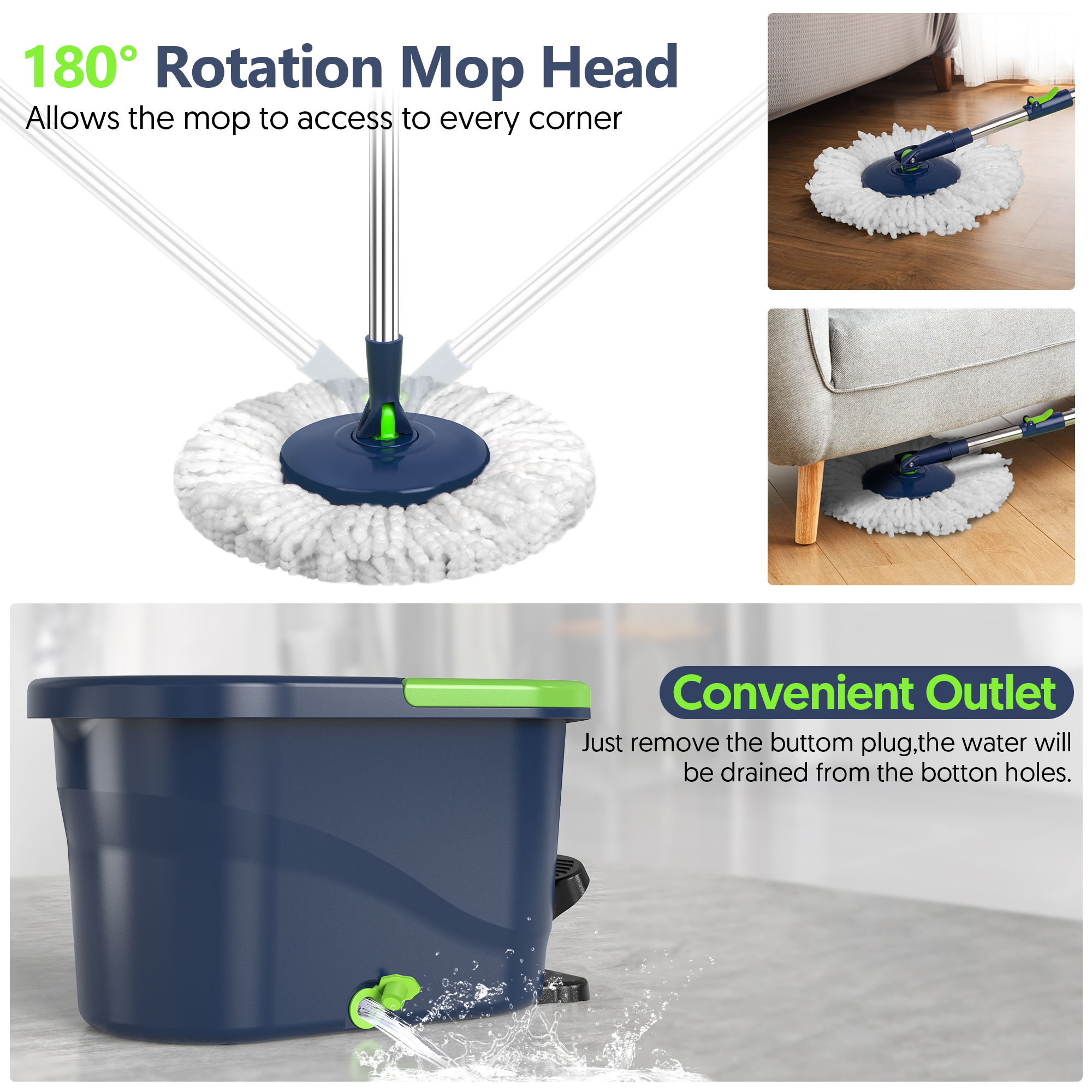 Sugarday Spin Mop and Bucket System With Wringer, Green photo 6