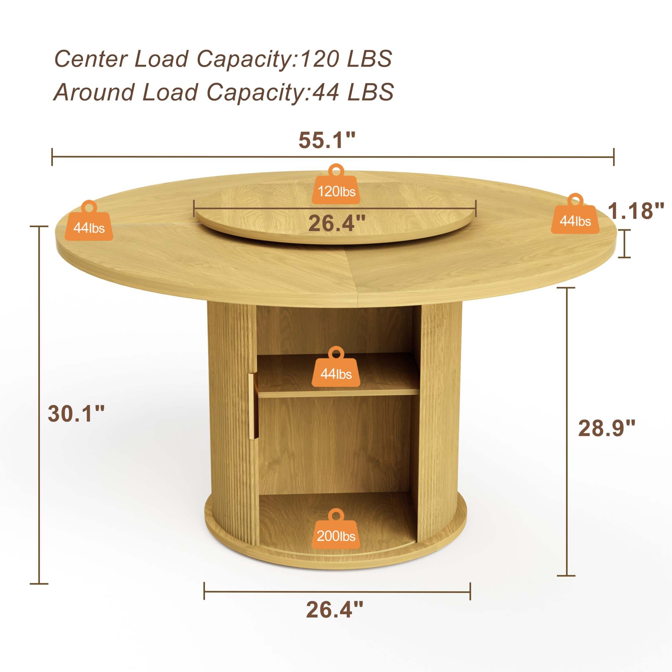 Noble House 55" Round Dining Table for 6, Double-Tier Storage, Rotating Tray, Wavy Sliding Doors, Walnut