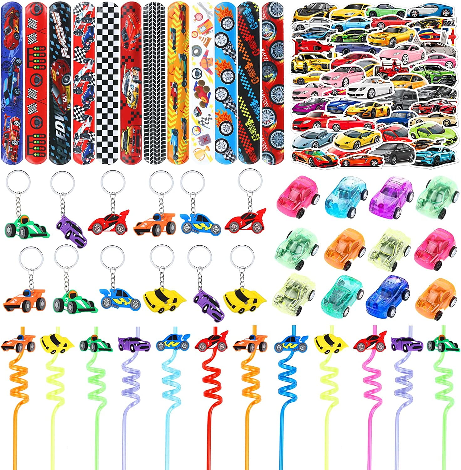 Race Car Party Favors Kit – 110 Pcs Goodie Bag Set With Keychains, Bracelets, Stickers & More