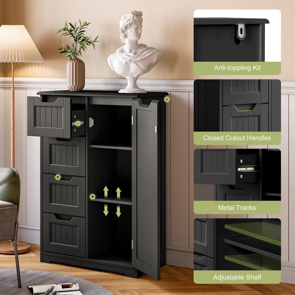 Aiho Wooden Kitchen Pantry Cabinet, 31.5"L Kitchen Storage Cabinets with 4 Drawers, 1 Door and Adjustable Shelves, For Kicchen, Dining Room, Livingroom, Bathroom - BLack
