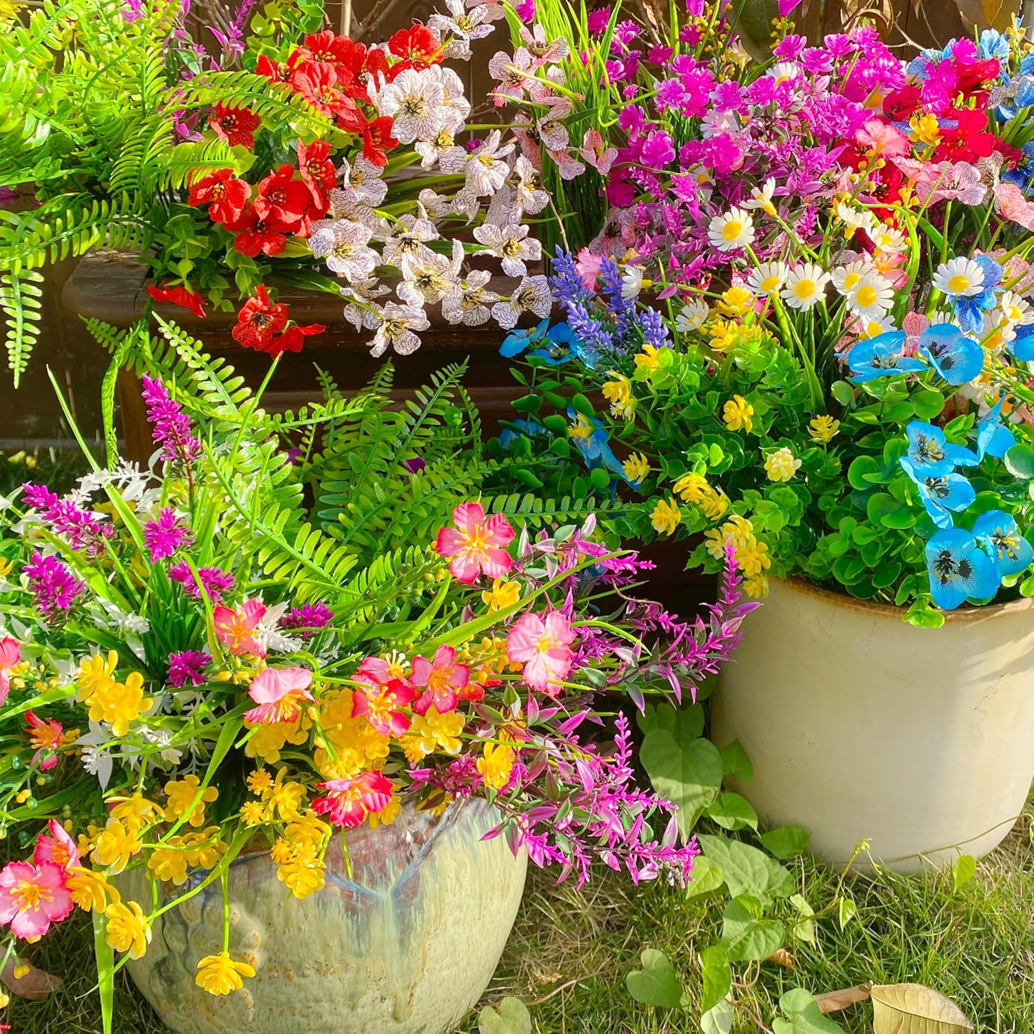 26 Bundles 13 Style Multicolor Artificial Outdoor Flowers, Fake Plastic Plants Faux Lavender Pansies, UV Resistant for Spring Summer Garden Patio Hanging Planter Window Box Vase Decor