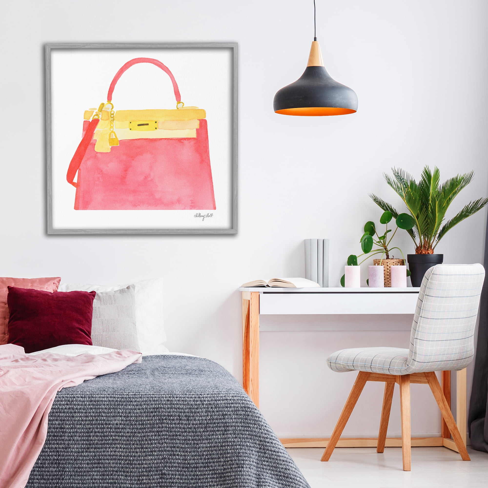 Stupell Industries Elegant Coral Handbag Gray Framed Giclee Art, design by Hillary Holt