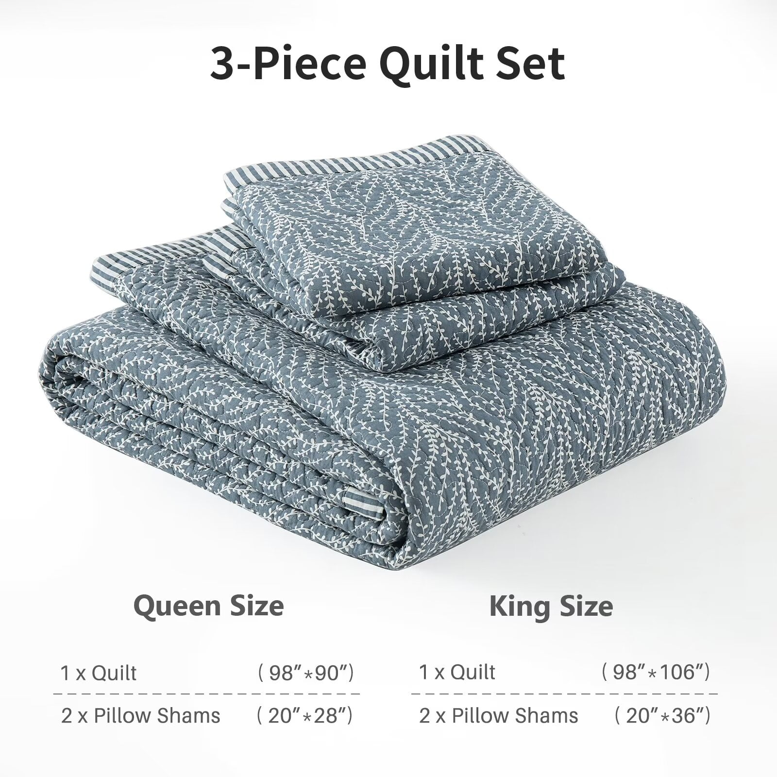 DDUOXIN King Size Quilt Bedspread - 100% Cotton Dusty Blue & White Floal Modern Stylish Summer Quilt for King Bed, Reversible Lightweight King Bedspread with 2 Pillow Shams, 3-Piece All Season