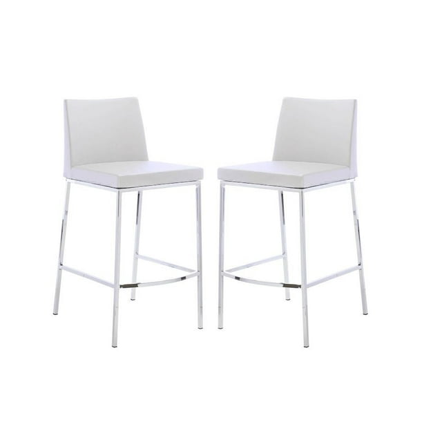 Plata Decor Import Aelta Stool in White PU, Counter Stool Kitchen PU Stool, Island Stool, Modern Counter Stool, Stainless Steel Stool, with Backrest and Footrest Set of 2