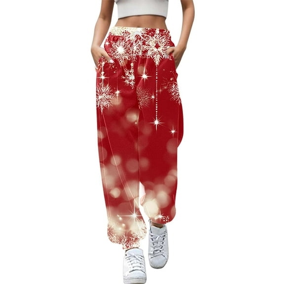 Fiaer Christmas Sweatpants Women Shine Snowflake Printed Trendy Holiday Pants Plus Size Casual Comfy Xmas Trousers with Pocket Red XL
