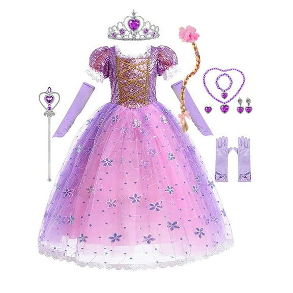 WIBACKER 2-10Y Girls Princess Dress Up With Crown Necklace And Ring For Birthday Party Halloween Christmas Costume Performance Dress Jewelry Wig Set