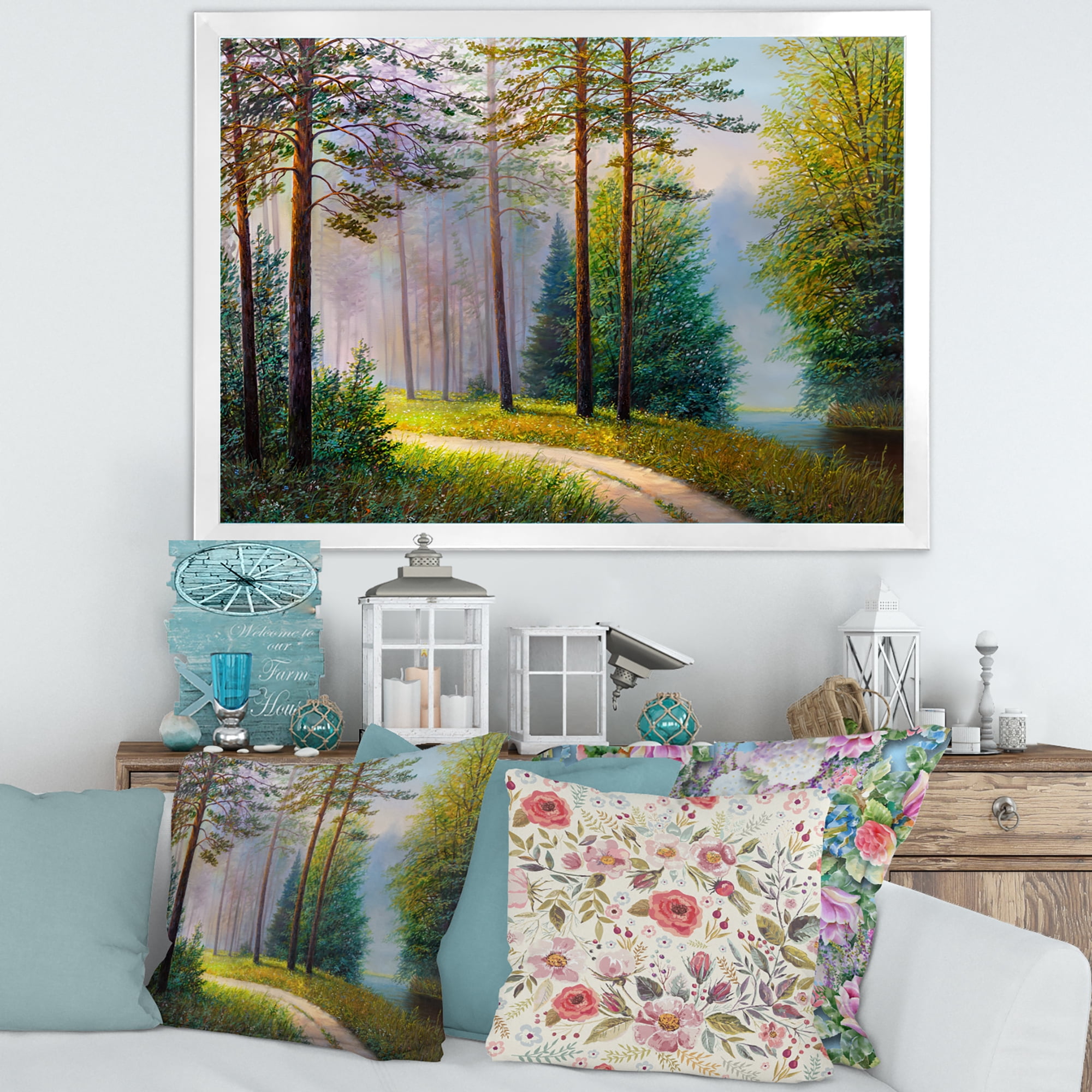 Designart 'Subtle Sunset Light Through The Trees II' Lake House Framed Art Print