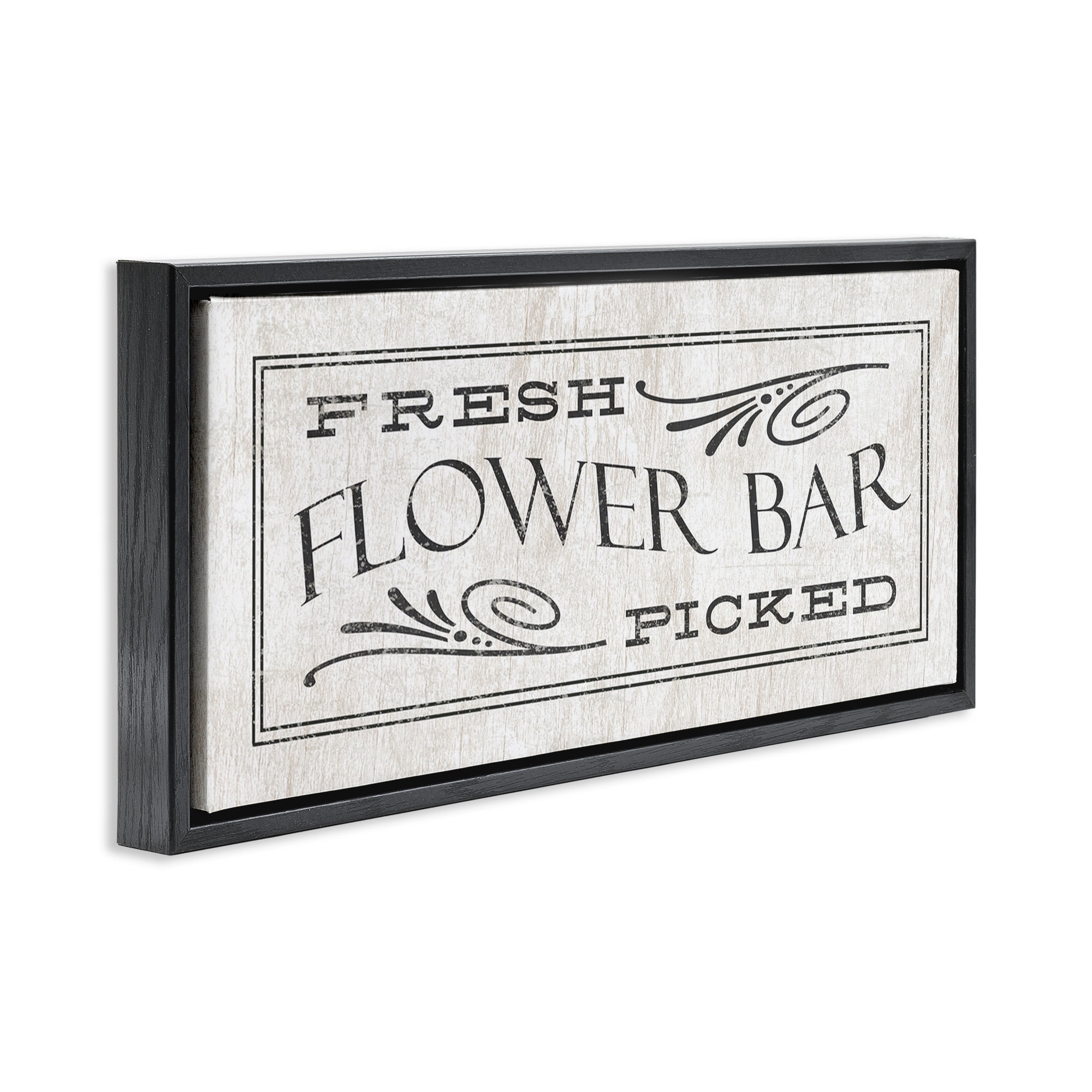 Stupell Industries Fresh Picked Flower Bar Sign Botanical & Floral Painting Black Floater Framed Canvas Art Print Wall Art, 25 x 11