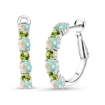 Gem Stone King 925 Sterling Silver White Opal and Green Peridot Hoop Earrings for Women (2.72 Cttw, Gemstone October Birthstone, Round Cabochon 4MM and 3MM)