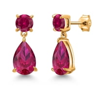 Gem Stone King 18K Yellow Gold Plated Silver Red Created Ruby Teardrop Dangle Drop Earrings for Women (8.96 Cttw, Gemstone Birthstone, Pear Shape 12x8MM, Round 6MM)