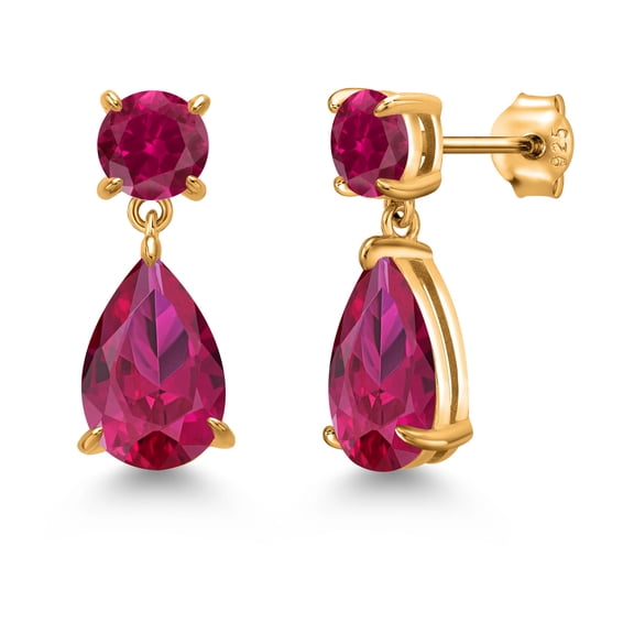 Gem Stone King 18K Yellow Gold Plated Silver Red Created Ruby Teardrop Dangle Drop Earrings for Women (8.96 Cttw, Gemstone Birthstone, Pear Shape 12x8MM, Round 6MM)