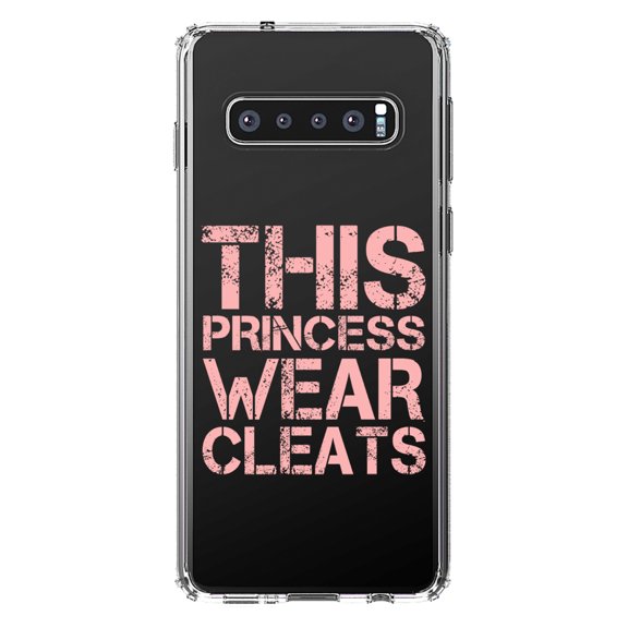 DistinctInk Clear Shockproof Hybrid Case for Samsung Galaxy S10 (6.1" Screen) - TPU Bumper Acrylic Back Tempered Glass Screen Protector - This Princess Wear Cleats