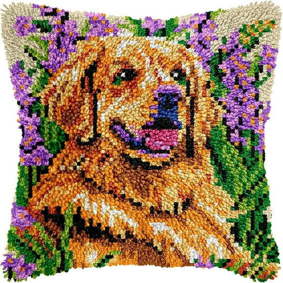 Golden Retriever Latch Hook Pillow Kits DIY Pillowcase Cushtion Cover Crochet Hooking Pillow Making Kits with Color Pattern Canvas Crochet Hooking Kits Pillow 43x43cm(b270)