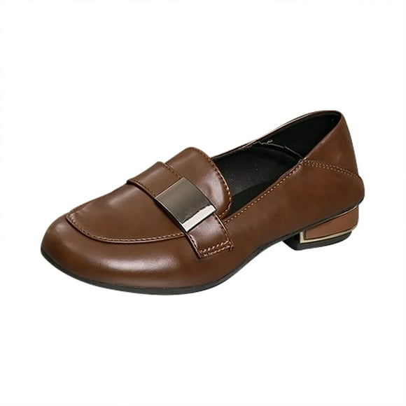 Brown Leather Shoes For Women Slip On Loafers With Block Heel Round Toe Casual Shoes Metal Buckle Decor Comfortable Footwear For Everyday Wear Size 39