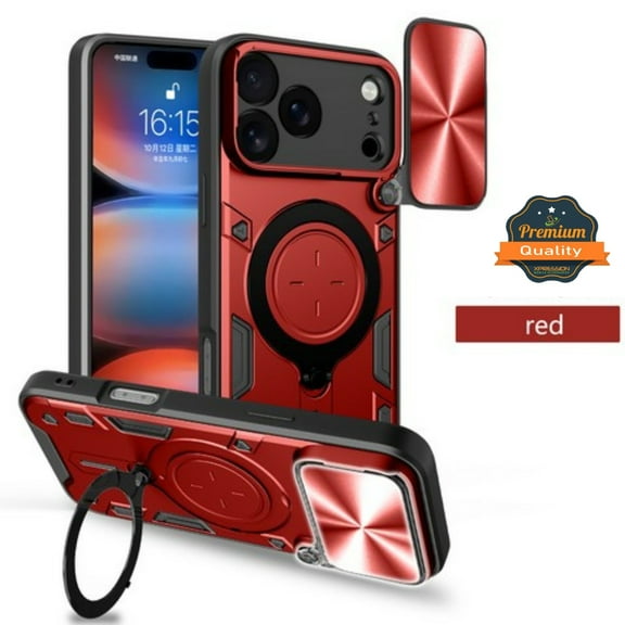 Phone Case for Apple iPhone 17 Pro Hybrid Shockproof with Magnetic Ring Stand, Compatible with Magsafe & Sliding Camera Lens Protector Cover Fit for Apple iPhone 17 Pro (6.3") (Red)