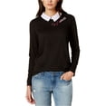 thumbnail image 1 of maison Jules Womens Bow-Stripe Collared Pullover Blouse, Black, X-Small, 1 of 1