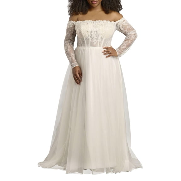 David’s Bridal, The Edit by DB Studio Women's Off-the-Shoulder Corset A-Line Wedding Dress, Full Length, Tulle