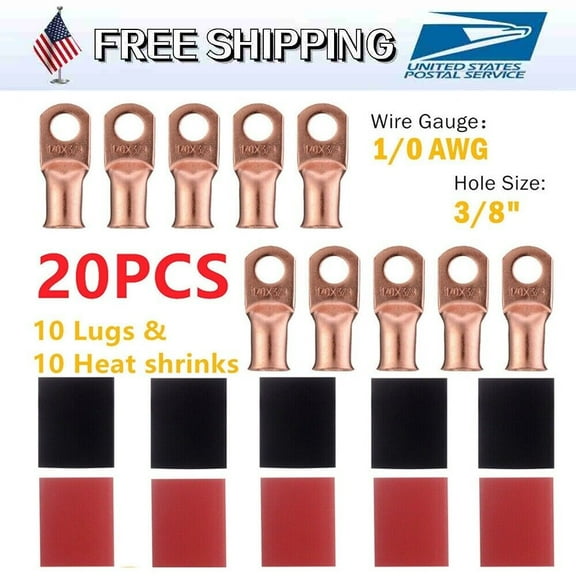 20x 1/0 AWG 3/8" Gauge Copper Lugs Heat Shrink Ring Terminals Wire Connector kit