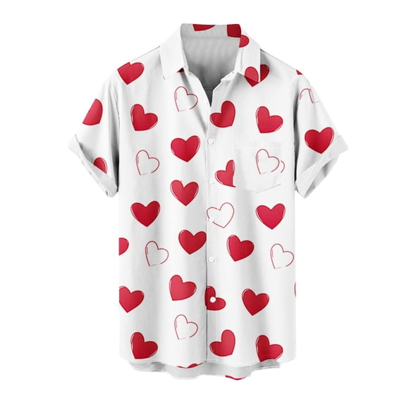 XuJwPNcy Valentine's Day Shirt for Men Cute Hearted Printed Tops Big and Talls Lapel Short Sleeve Button down Shirts