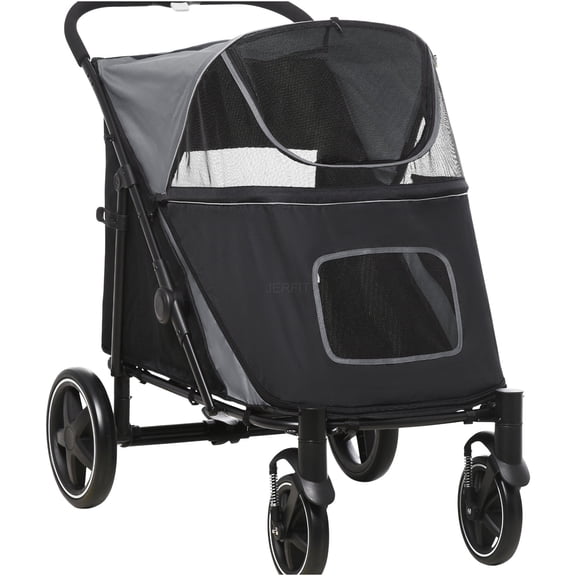 JERFIT Large Dog Stroller, One-Click Foldable Pet Stroller for Medium Big Dogs up to 66lbs, Shock Absorption Wheels, Safety Leash, Storage Basket, Mesh Windows & Skylight, Gray