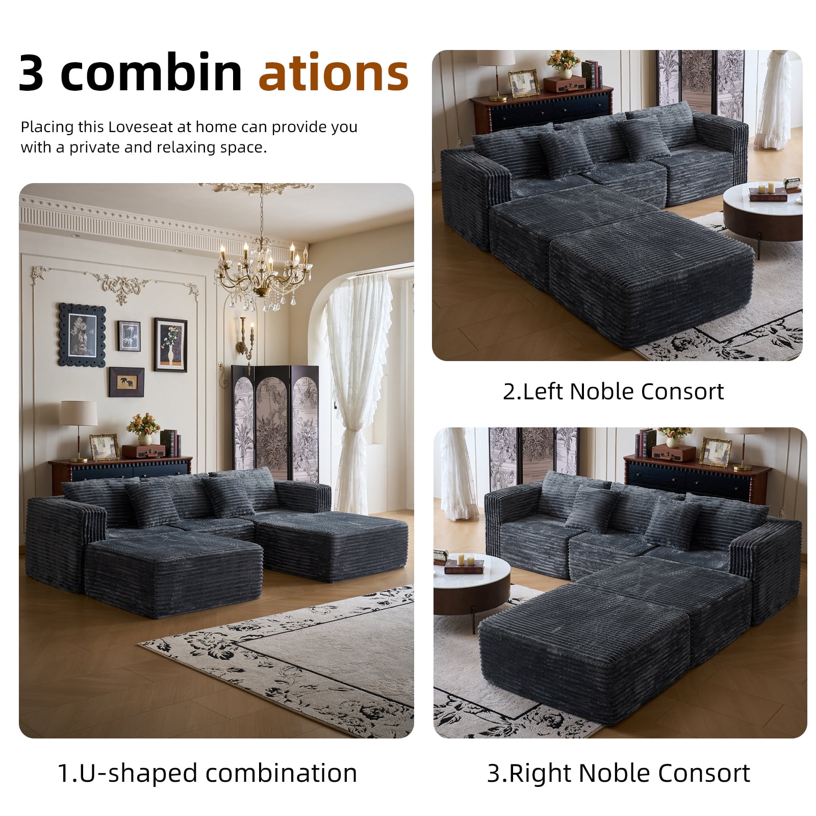 Garaneeds Modular Sectional Sofa for Living Room, 110" Boneless U-Shaped Couch, 5-Seat, Gray
