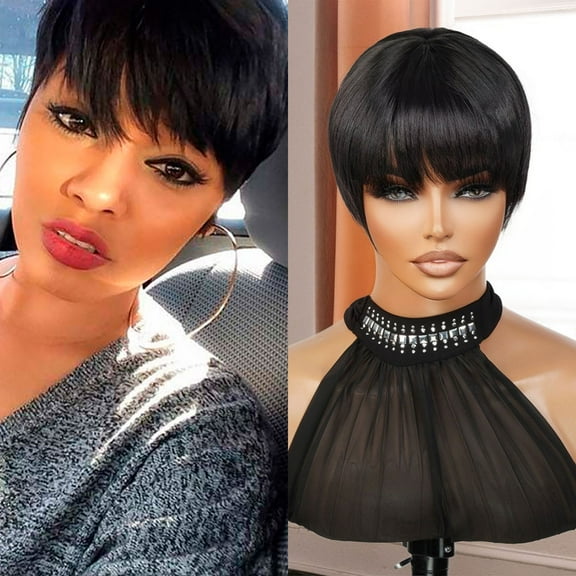 STUDIOCUT BY PROS Pixie Cut Wigs for Black Women Short Pixie Wig Hairstyles Layered Cut Straight wig with Air Bang Non Lace Front Wig - Sexy01 (Color 1B)