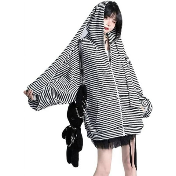 Kukuzhu Women Zip UP Hoodie Y2K Japanese Harajuku Striped Bunny Baggy Hoodie Kawaii Jackets Sweatshirt Fairy Grunge Clothes
