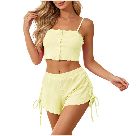 Wlynlyn Women's 2 Piece Set Crop Camisole Going out Tops Side Drawstring Shorts Casual Lounge Sleepwear Outfit(Yellow,X-Large)