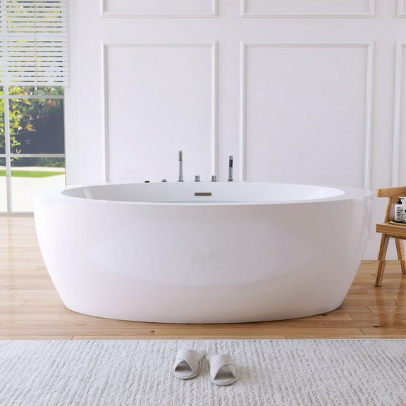MEDUNJESS 71" Premium Freestanding Whirlpool Tub with LED Lighting & Water Jets Acrylic Soaking Bathtub with Faucet Gloss White Finish-Overflow Drain Included