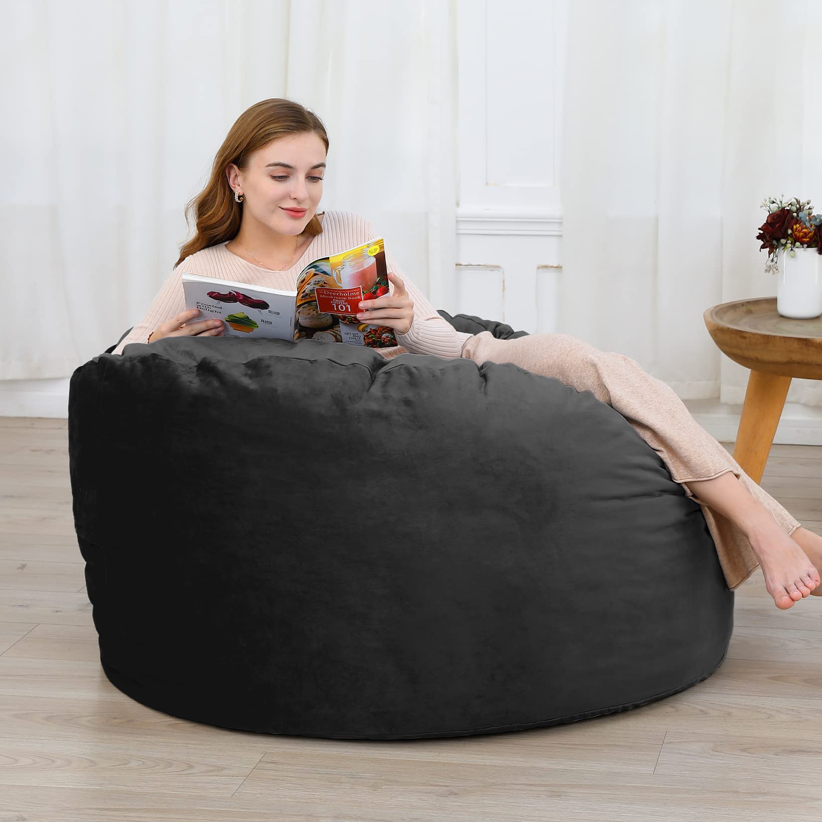 4FT Giant Round Bean Bag Chair for Teens & Adults. Velvet Fabric Foam Filled Lazy Sofa. Gami-ng  Sofa Chair Living Room Furniture