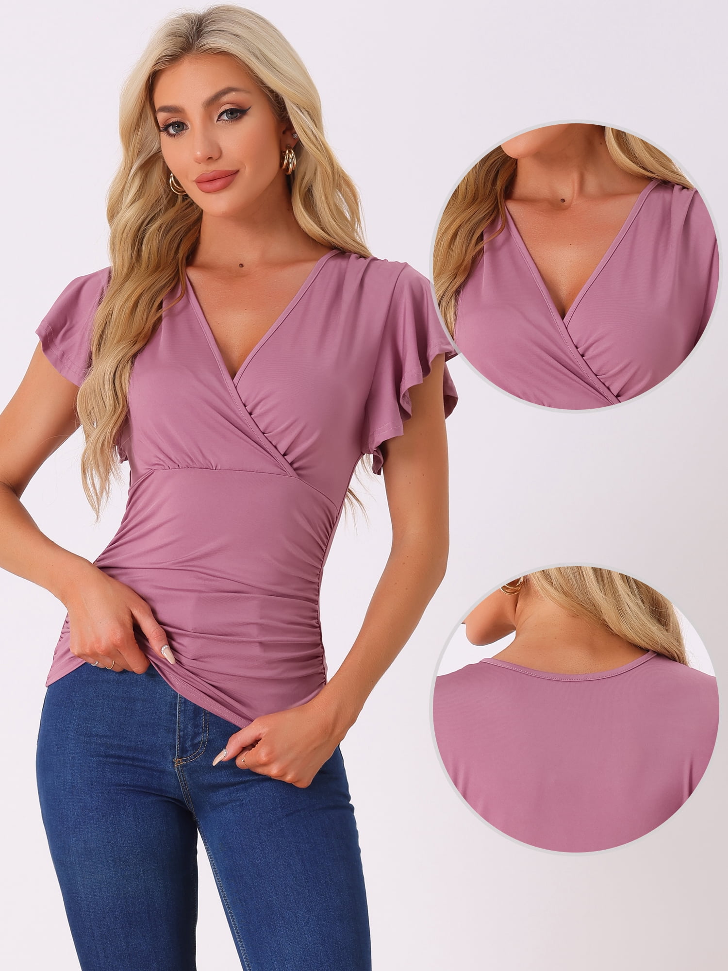 DARING DIVA Women's Stylish V Neck Cinched Waist Ruffle Sleeve Blouse XL Gray Purple