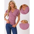 thumbnail image 2 of DARING DIVA Women's V Neck Cinched Waist Ruffle Sleeve Ruched Top S Gray Purple, 2 of 6