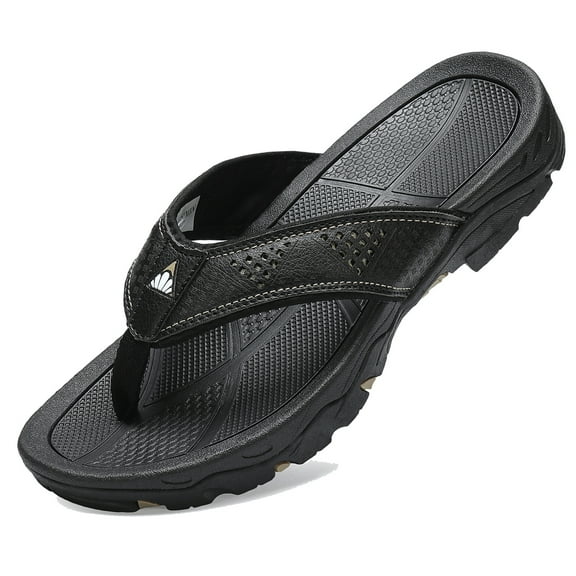 OUSIMEN Men's Non-Slip Thong Sandals, Flat Black, 10